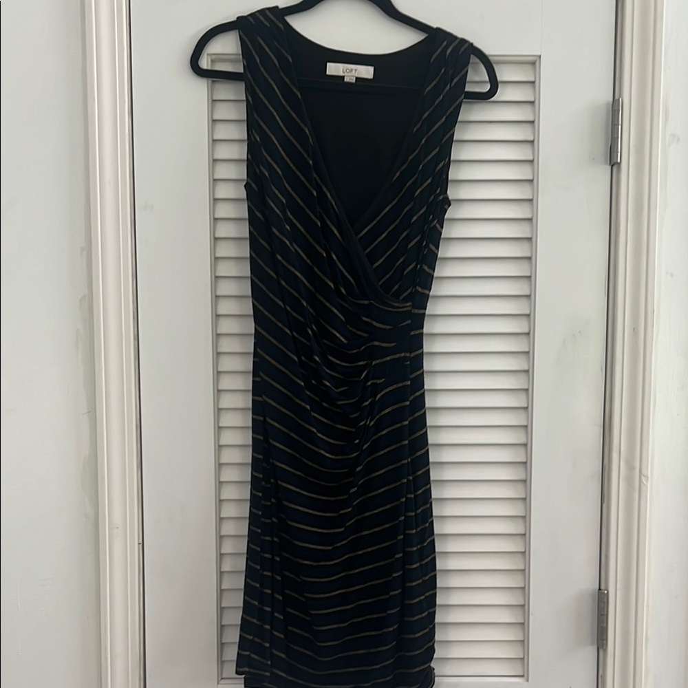 LOFT Navy, Black Dress with Gold Stripes